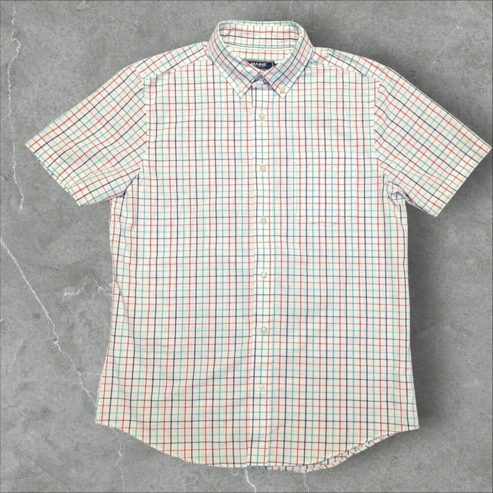 Maine Tailored Fit Mens Medium Cotton Shirt Button Down White Short Sleeve‎